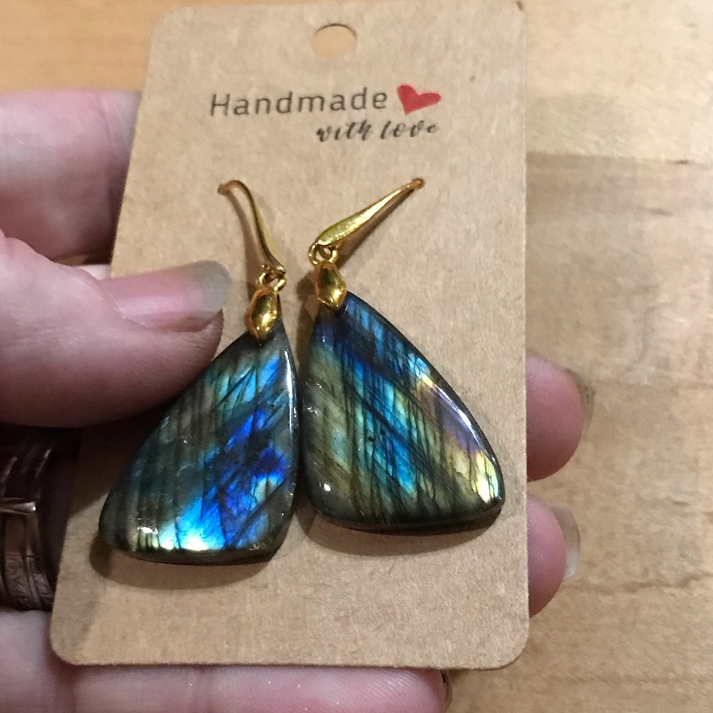 Outstanding Flashy “Butterfly Wings” Labradorite 14K Plated Earrings - Picture 2 of 3